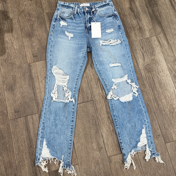 NWT Flying Monkey Saltwater Super high rise distressed straight ankle Blue Jeans - Picture 3 of 5